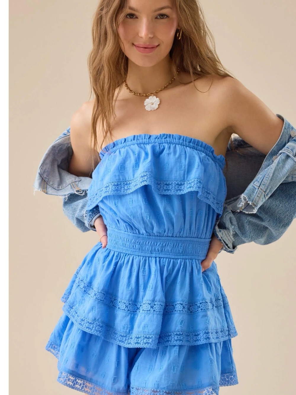 Altar'd State Strapless Blue Tiered Romper
